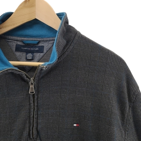 Tommy Hilfiger 1/4 Quarter Zip Long Sleeve Mock Neck Grey/Blue Sweater - Picture 1 of 9